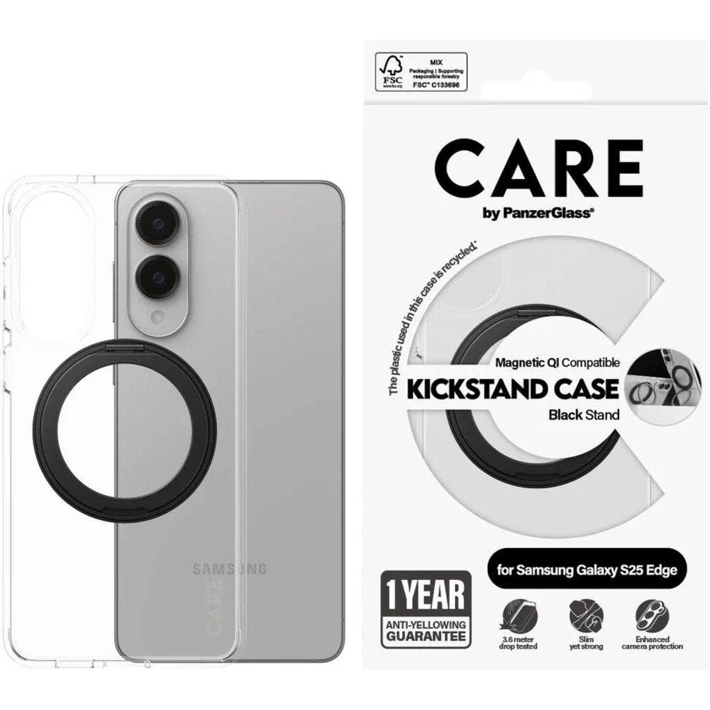 CARE by PanzerGlass Feature Case Transparent w. Black Kickstand & QI Samsung S25 Edge