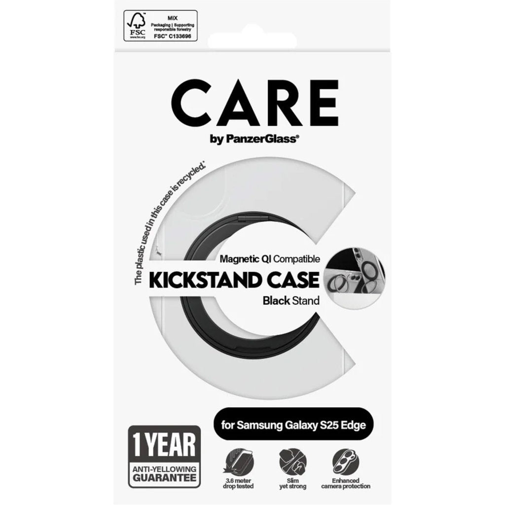 CARE by PanzerGlass Feature Case Transparent w. Black Kickstand & QI Samsung S25 Edge