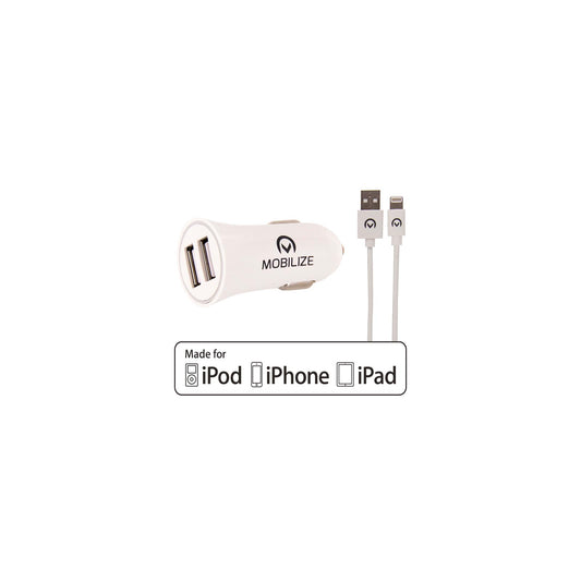 Mobilize Car Charger 2x USB 24W + USB to Apple MFi Lighting Cable 1m. White