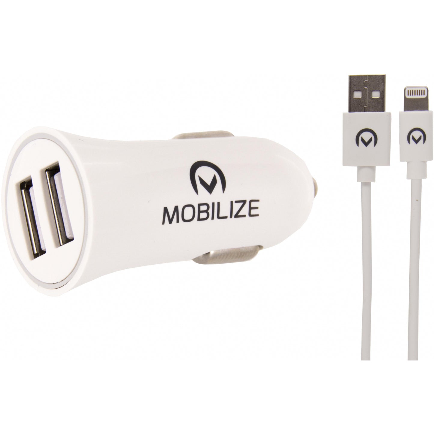 Mobilize Car Charger 2x USB 24W + USB to Apple MFi Lighting Cable 1m. White