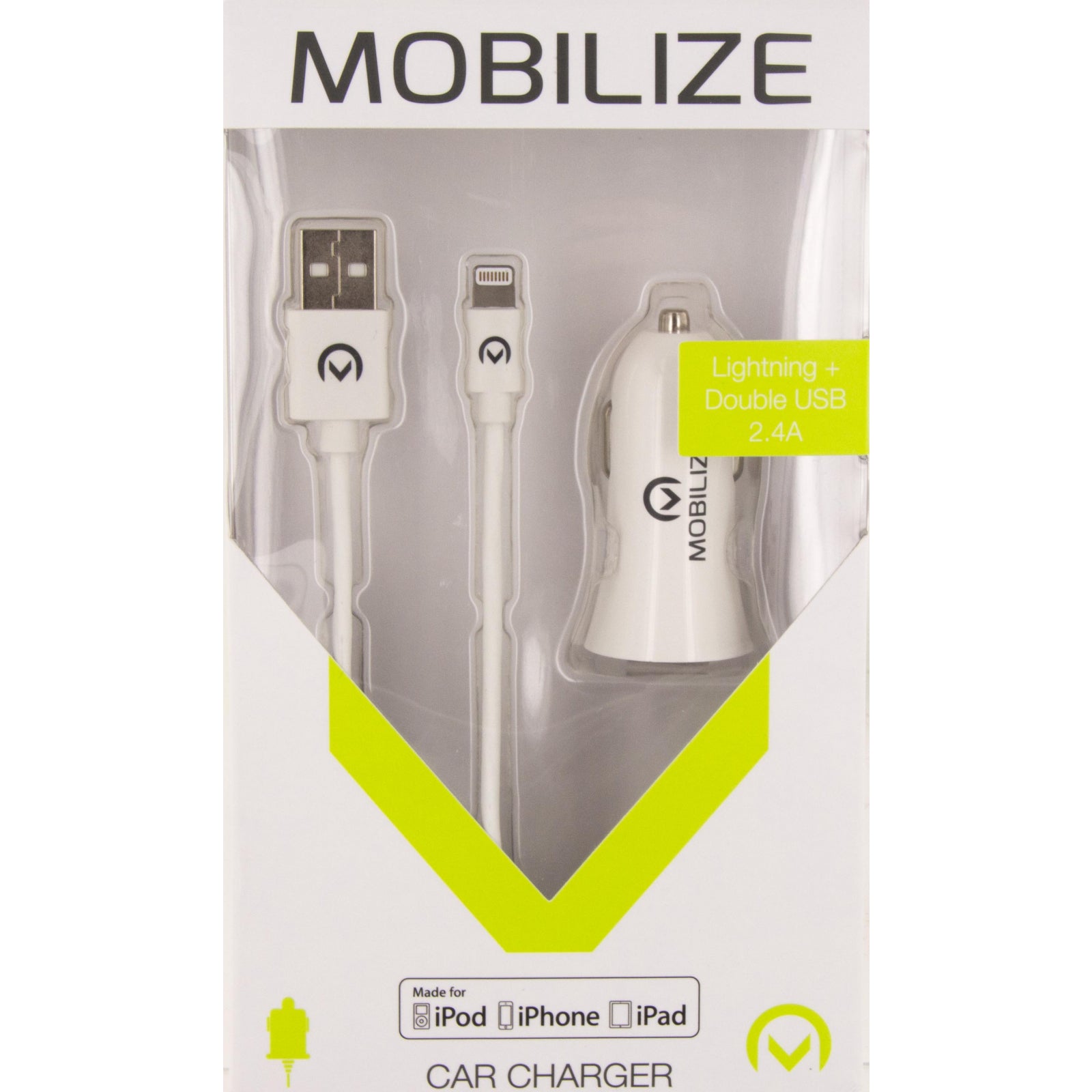 Mobilize Car Charger 2x USB 24W + USB to Apple MFi Lighting Cable 1m. White