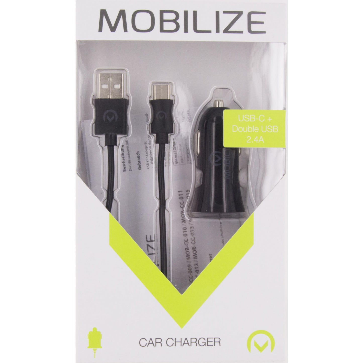 Mobilize Car Charger Dual USB 2.4A 12W + 1m USB-C Cable Black