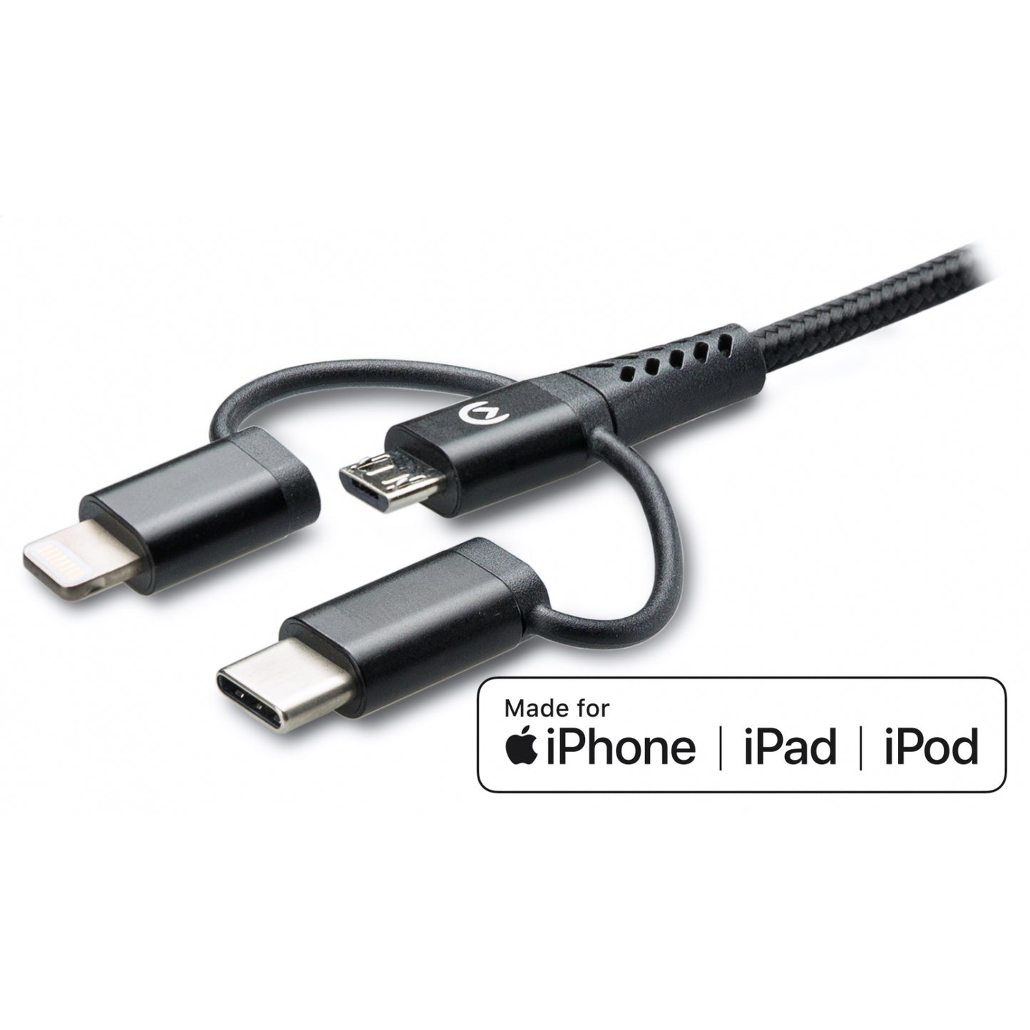 Mobilize Strong Nylon Cable 3in1 USB to Micro USB, USB-C, Apple MFi Lightning 1.5m Black
