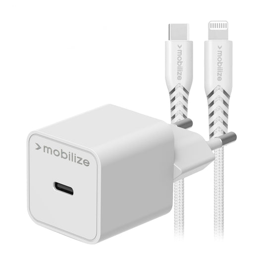 Mobilize Wall Charger USB-C 20W with PD + MFi Lightning Nylon Cable 1.2m White
