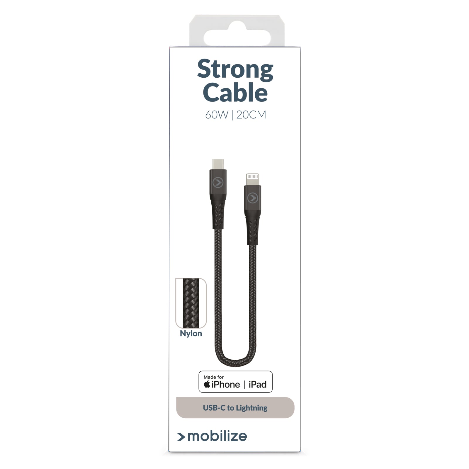 Mobilize Strong Nylon Cable USB-C to MFi Lightning 20cm. 60W Black