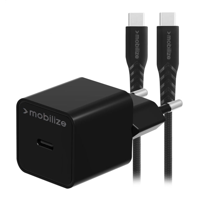 Chargeur mural Mobilize USB-C GaN 30W avec PD/PPS + Câble USB-C en nylon 1,2m Noir