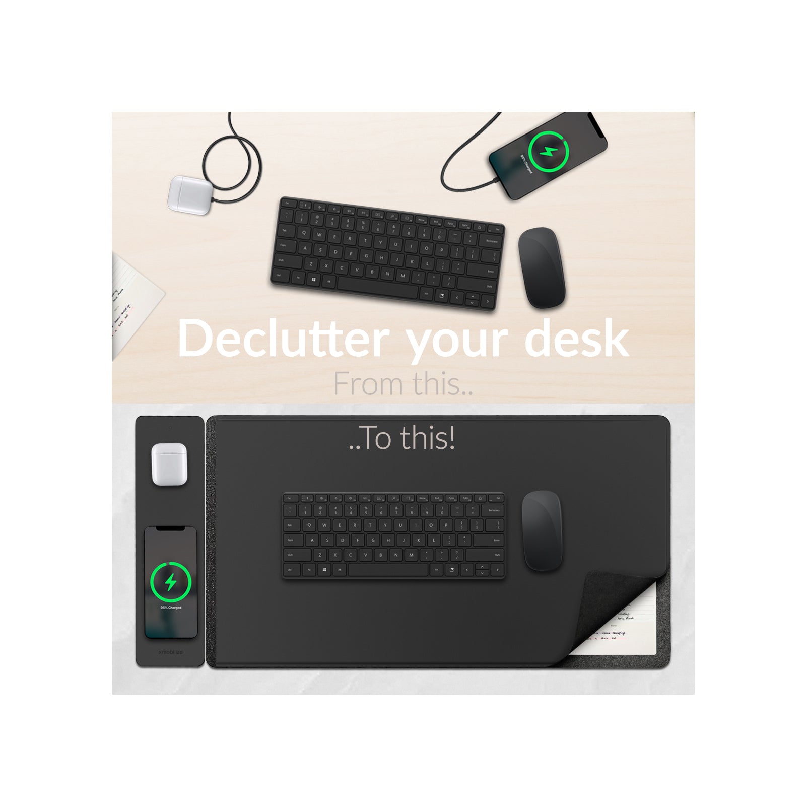 Mobilize PU Leather Desk Mat with Magnetic Wireless Charger 15W Black