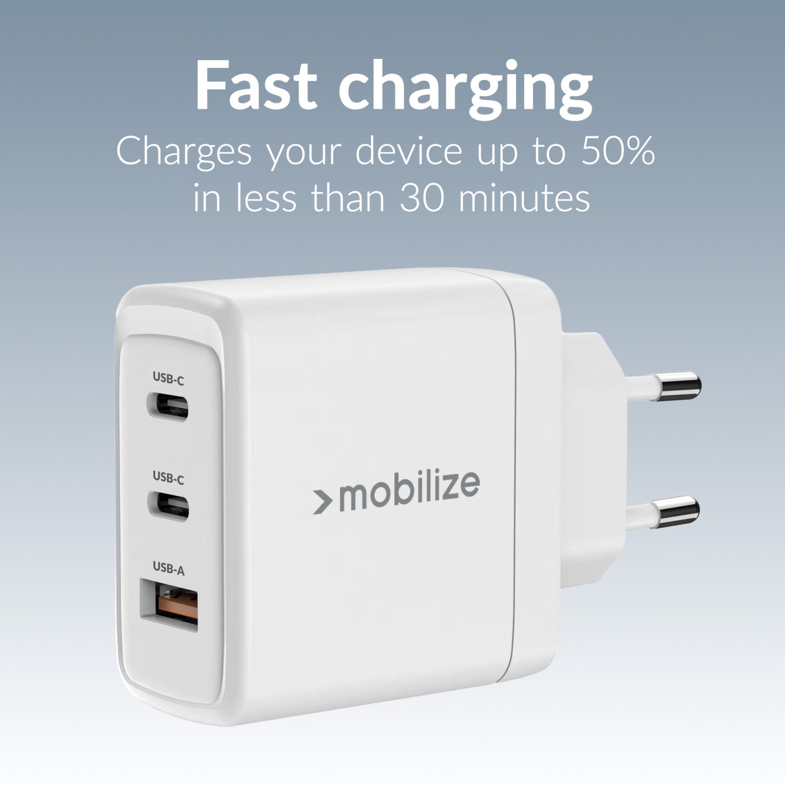 Mobilize Wall Charger 2x USB-C + 1x USB GaN 65W with PD/PPS White