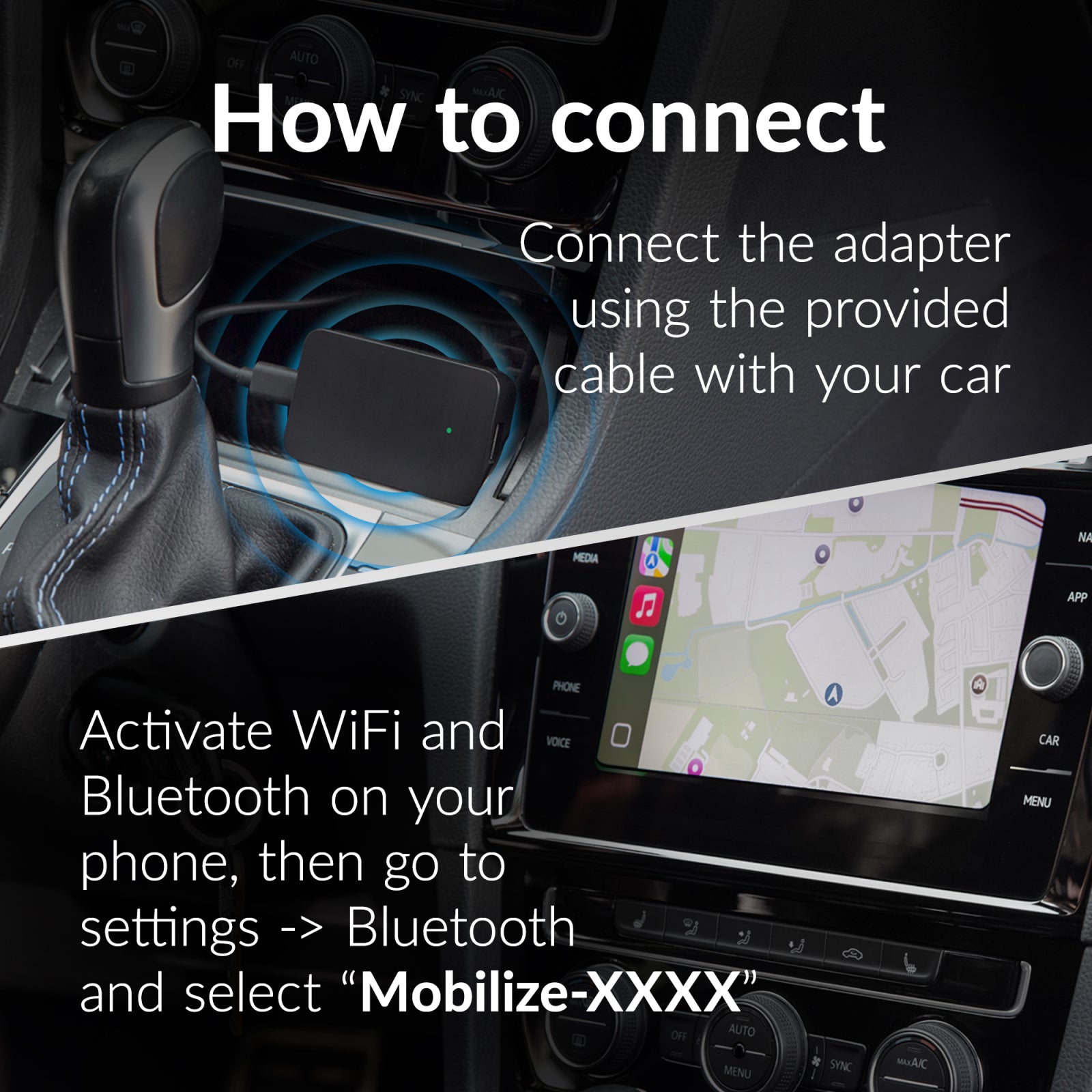 Mobilize Adapter for Wireless Apple Carplay/Android Auto Black