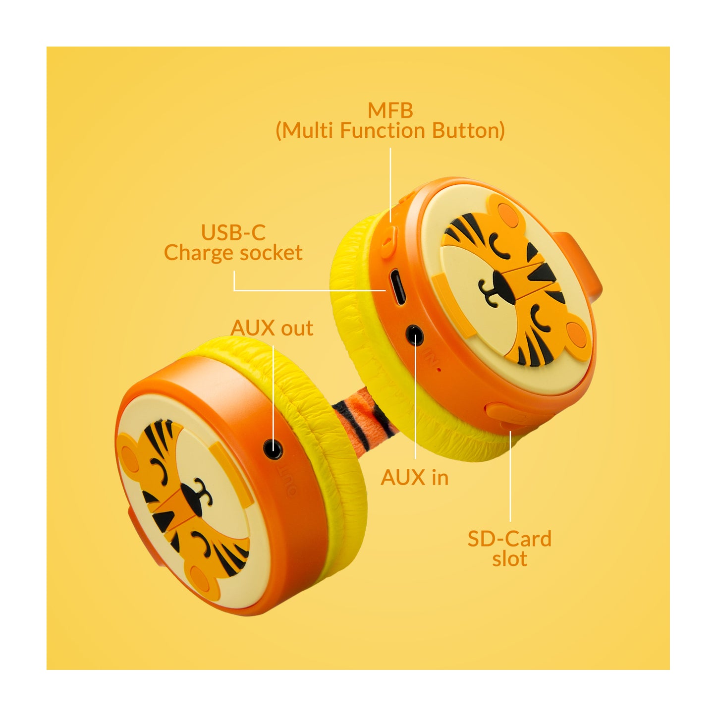 Mobilize Wireless/Wired Over Ear Kids Headphone 85dB Tiger