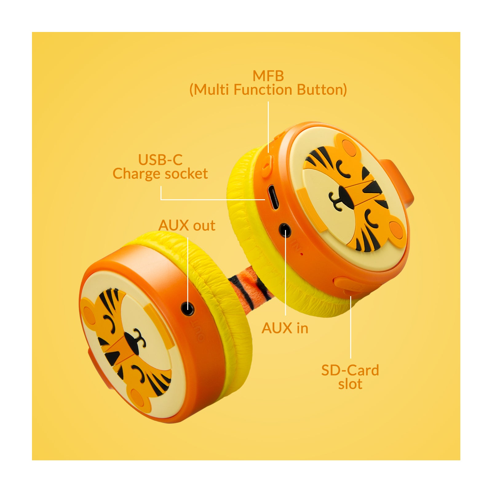 Mobilize Wireless/Wired Over Ear Kids Headphone 85dB Tiger
