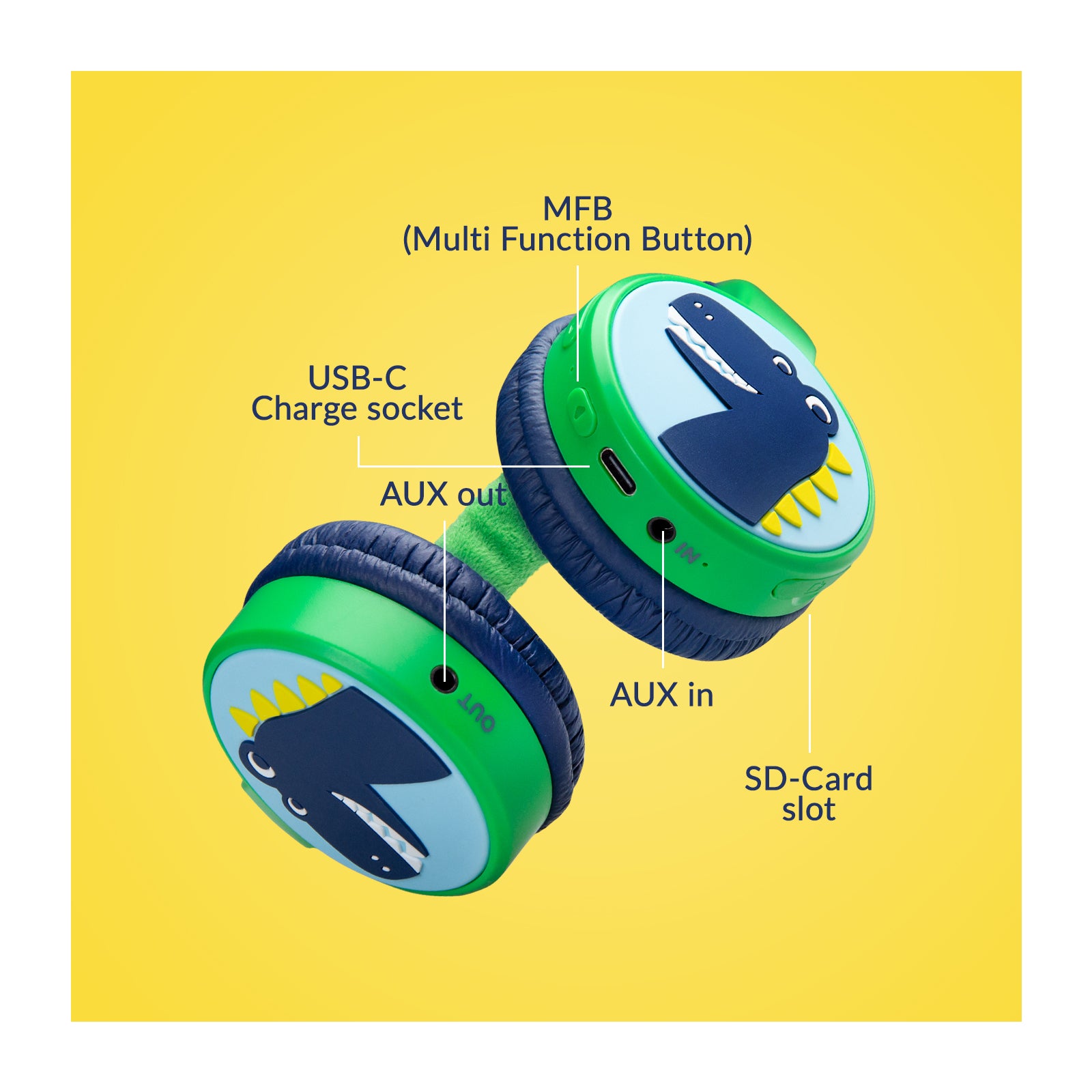 Mobilize Wireless/Wired Over Ear Kids Headphone 85dB Dinosaur