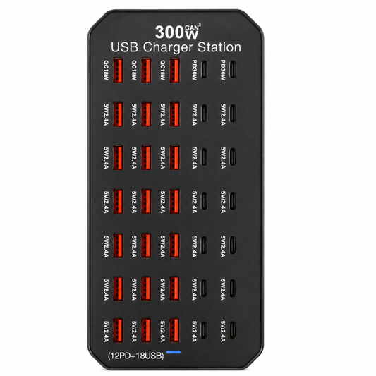 300W USB laadstation met 30 poorten - 12x USB-C en 18x USB-A