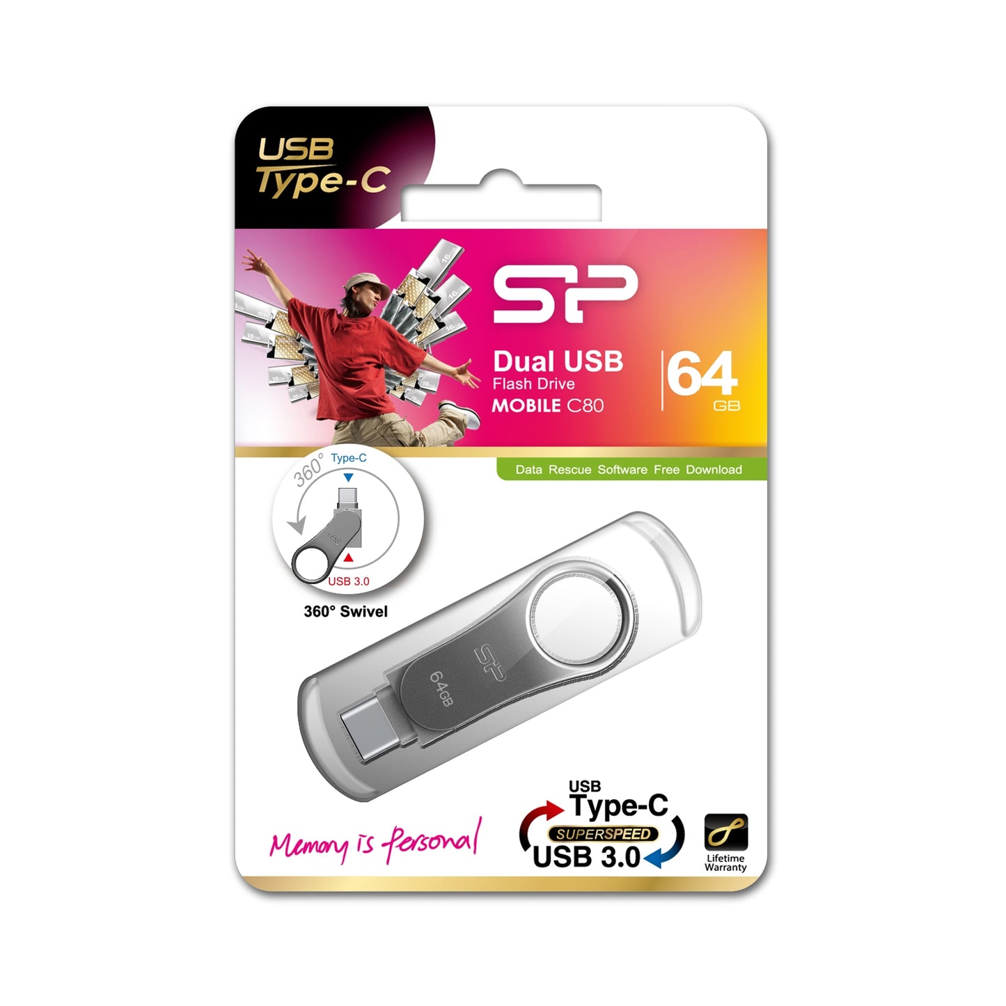 Silicon Power C80 Dual USB Pendrive Mobile 64GB USB-C Grey