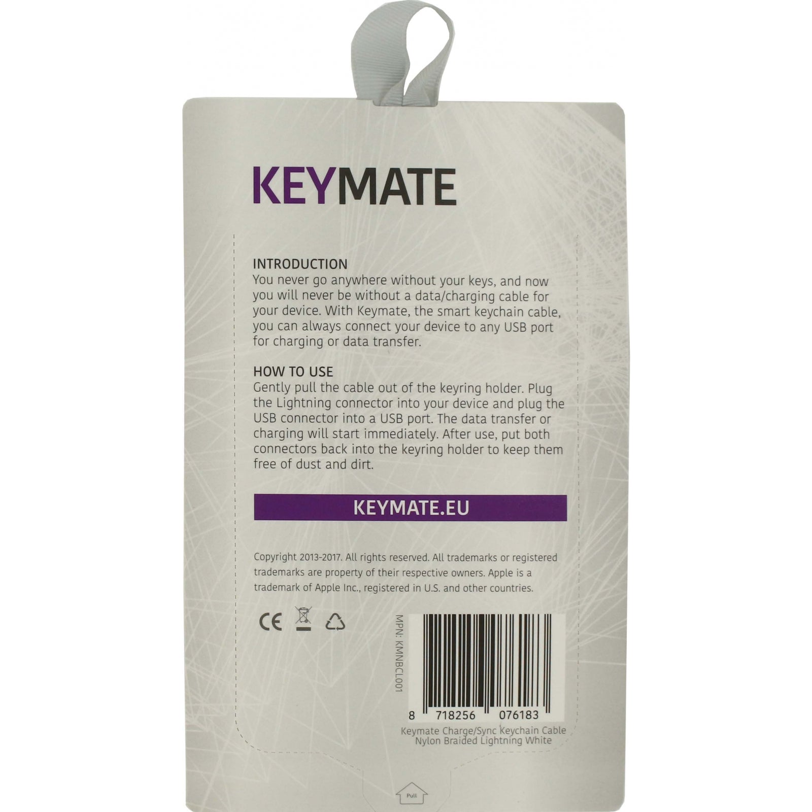 KeyMate Charge/Sync Keychain Cable Nylon Braided Lightning White