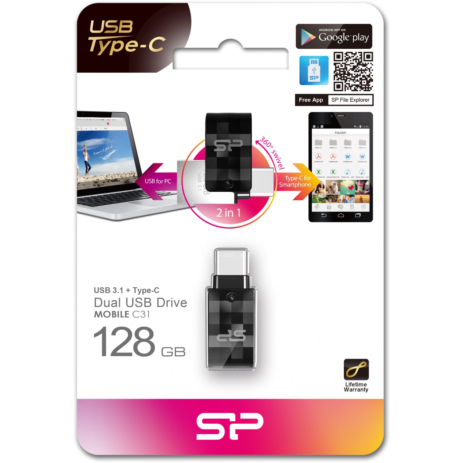 Silicon Power C31 Dual USB Pendrive Mobile 128GB USB-C Black