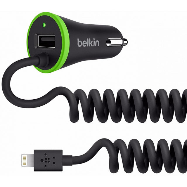 Belkin Car Charger with USB Port + Coiled Lightning Connector 3.4A Black