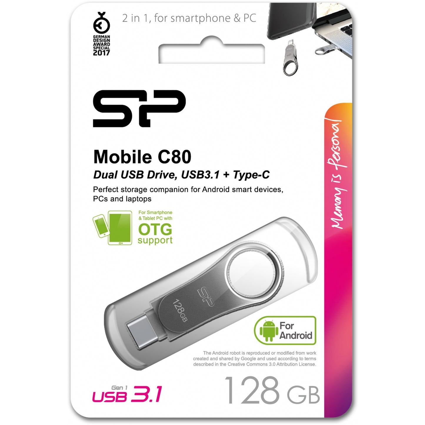 Silicon Power C80 Dual USB Pendrive Mobile 128GB USB-C Grey