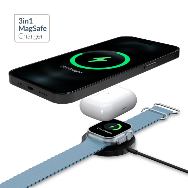 Mobilize 3in1 magnetisches kabelloses Ladegerät MagSafe-kompatibel 15W Schwarz