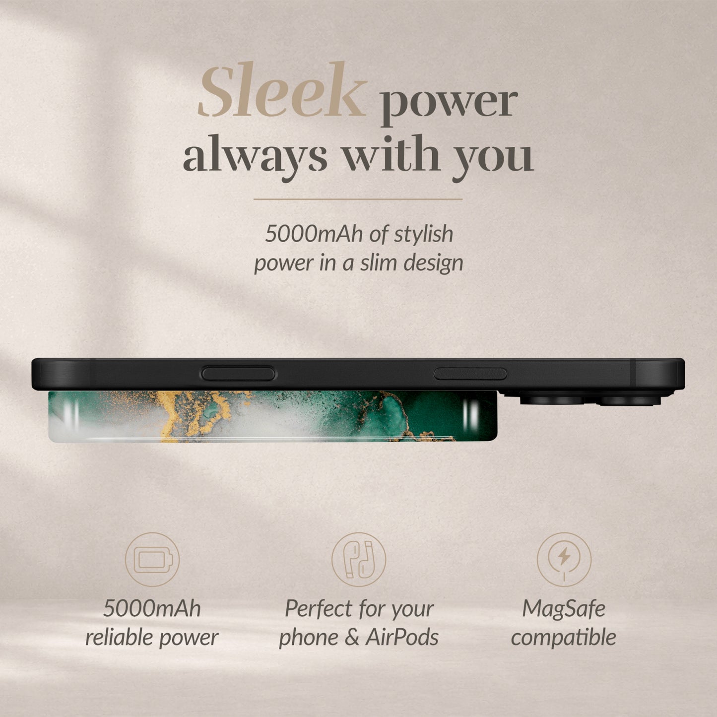 MIO Powerbank 5000mAh with Double sided Magsafe Compatibility Green Marble - Glossy
