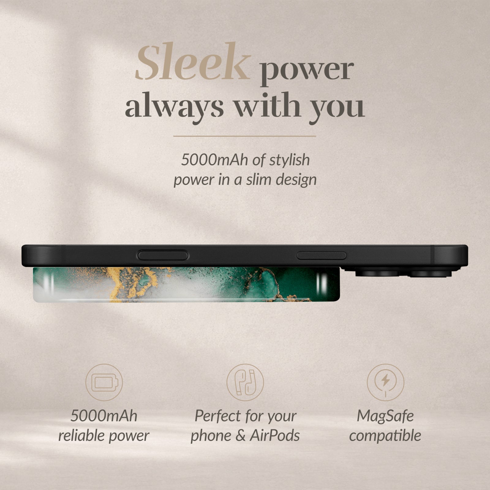 MIO Powerbank 5000mAh with Double sided Magsafe Compatibility Green Marble - Glossy