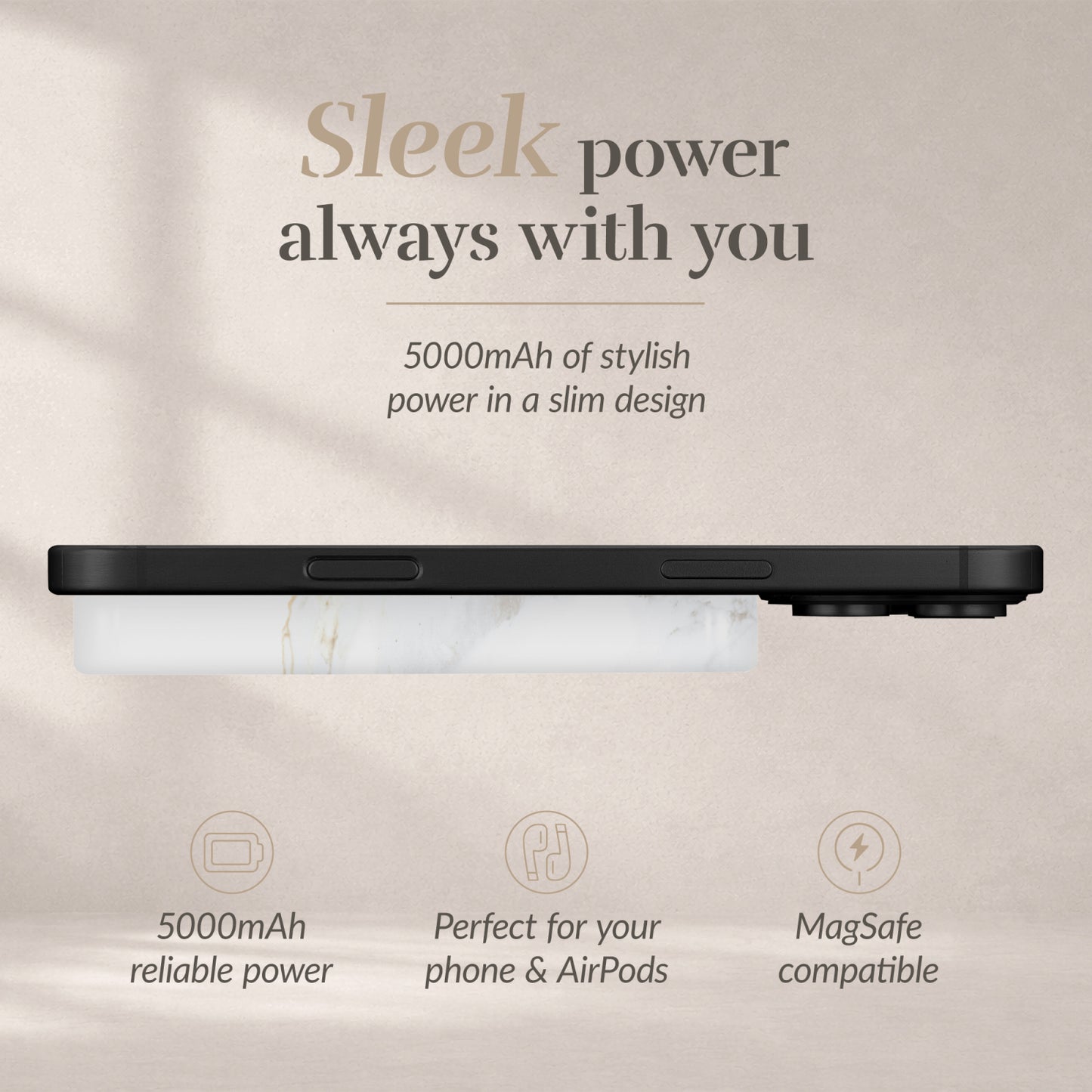 MIO Powerbank 5000mAh with Double sided Magsafe Compatibility White Marble - Matt