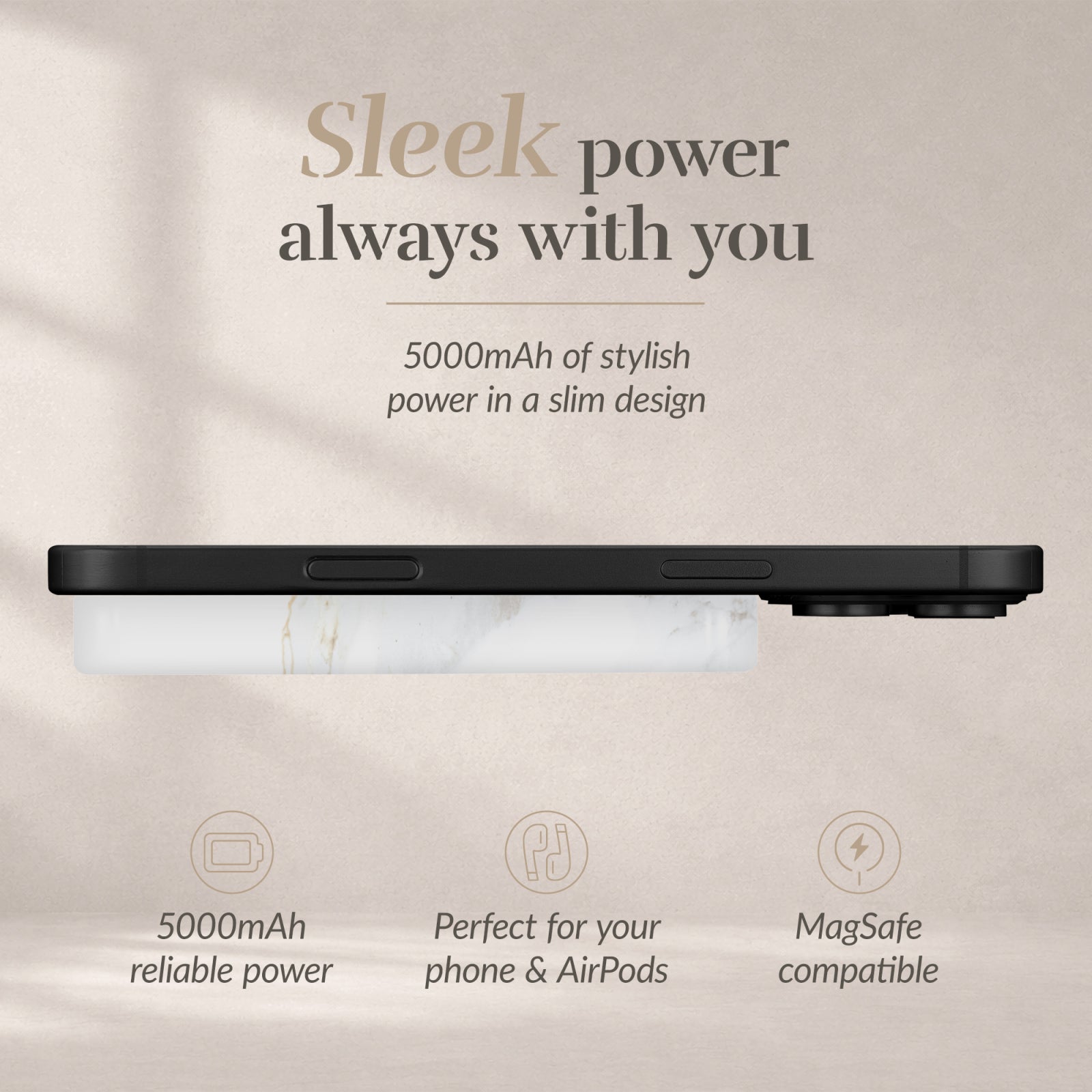 MIO Powerbank 5000mAh with Double sided Magsafe Compatibility White Marble - Matt
