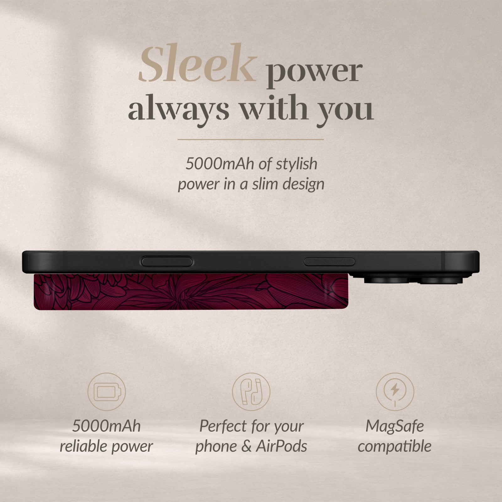 MIO Powerbank 5000mAh with Double sided Magsafe Compatibility Berry Blooms - Matt