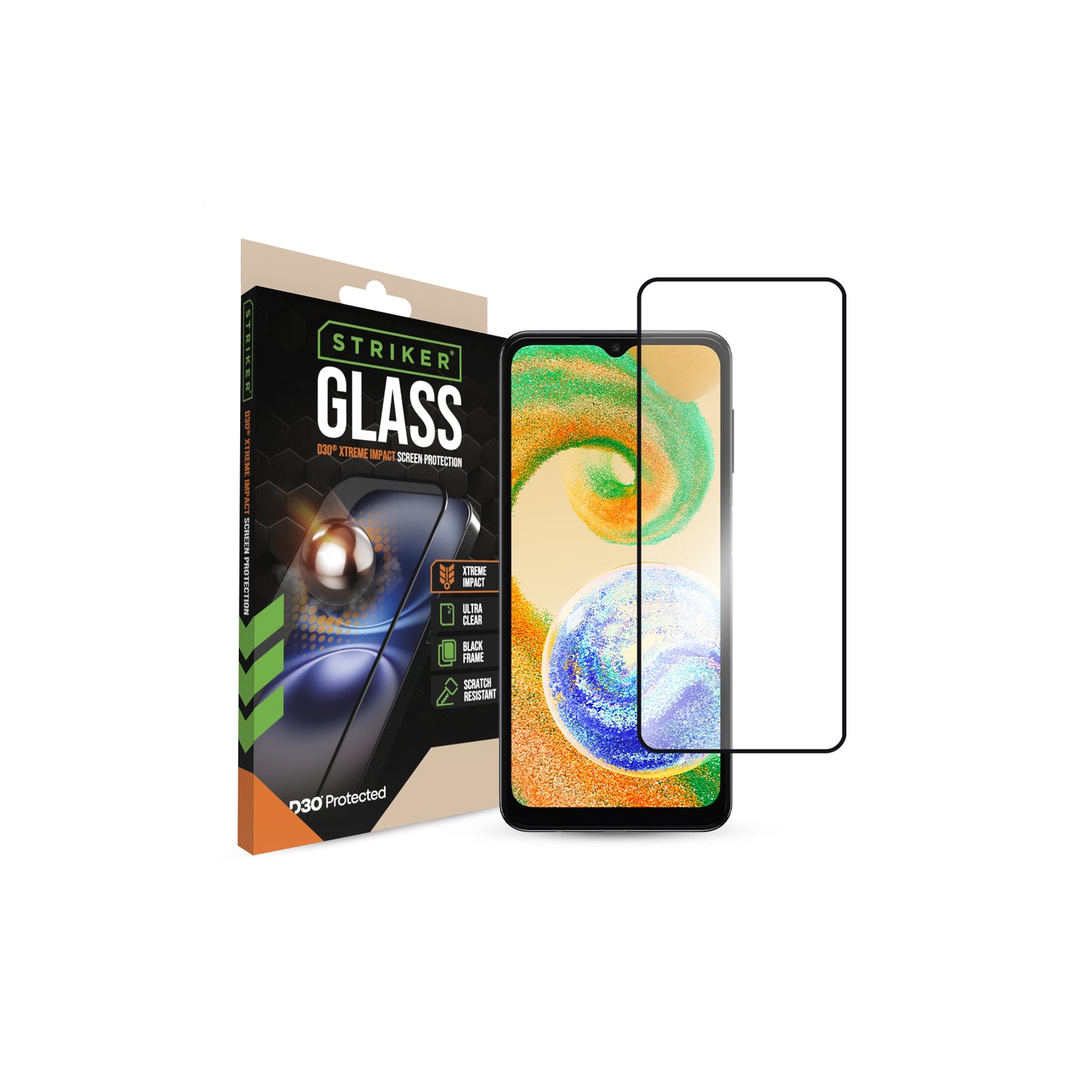 Striker D3O Xtreme Impact Glass Screen Protector - Black Frame - Samsung Galaxy A02s/A03(s)A04(s)/A12/M12/A13(4G/5G)/A23(4G/5G)A32 5G