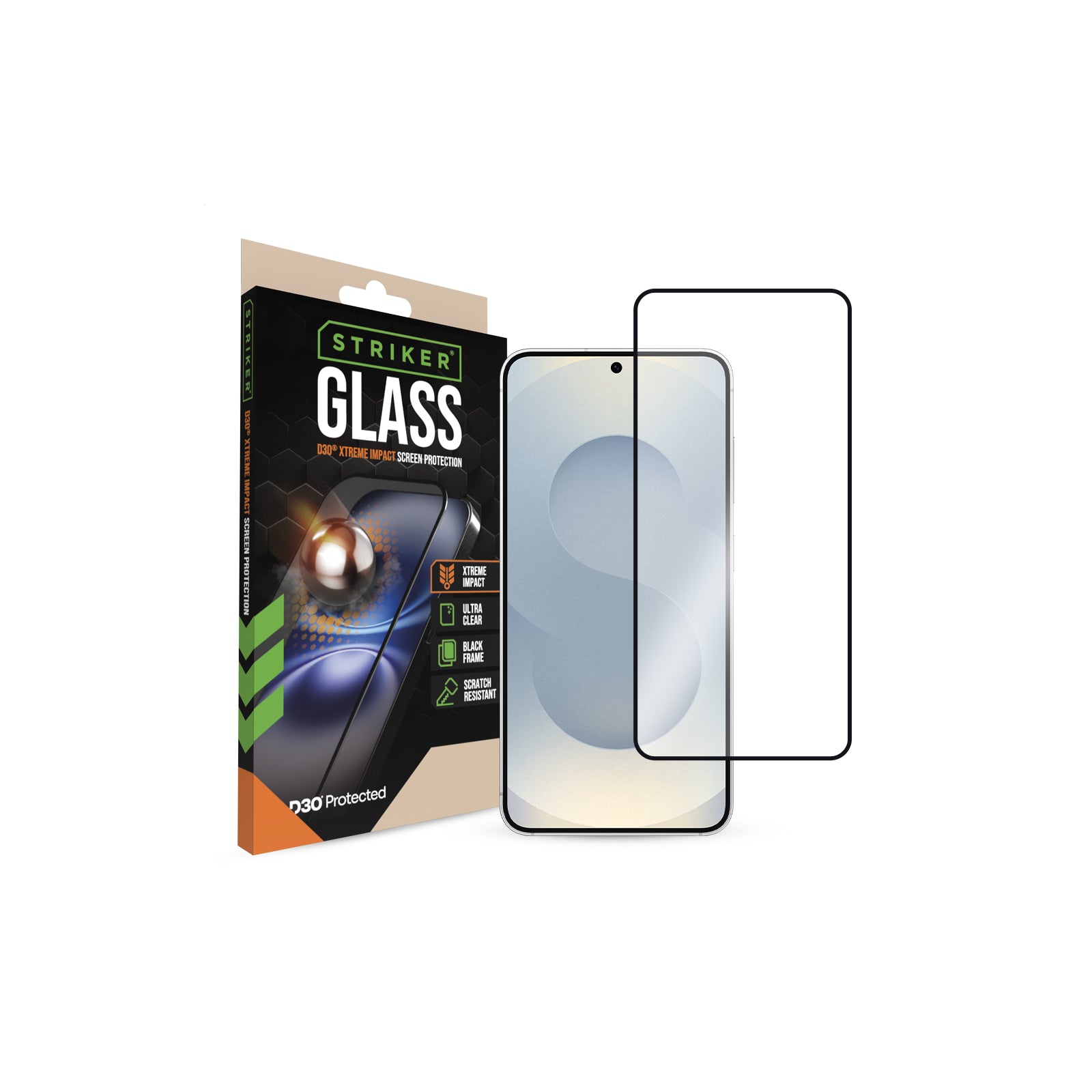 Striker D3O Xtreme Impact Glass Screen Protector - Black Frame - Samsung Galaxy S24 5G/S25 5G