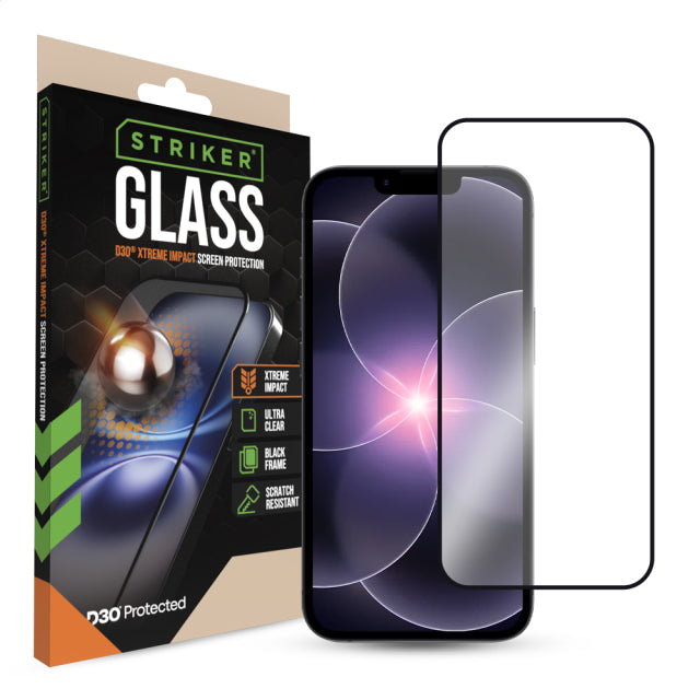 Striker D3O Xtreme Impact Glass Screen Protector - Black Frame - Apple iPhone 13/13 Pro/14/16e/17e