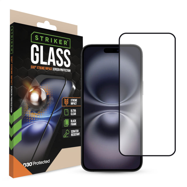 Striker D3O Xtreme Impact Glass Screen Protector - Black Frame - Apple iPhone 14 Pro Max/15 Plus/16 Plus