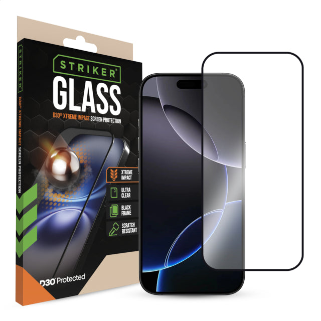 Striker D3O Xtreme Impact Displayschutzfolie aus Glas – Schwarzer Rahmen – Apple iPhone 16 Pro Max
