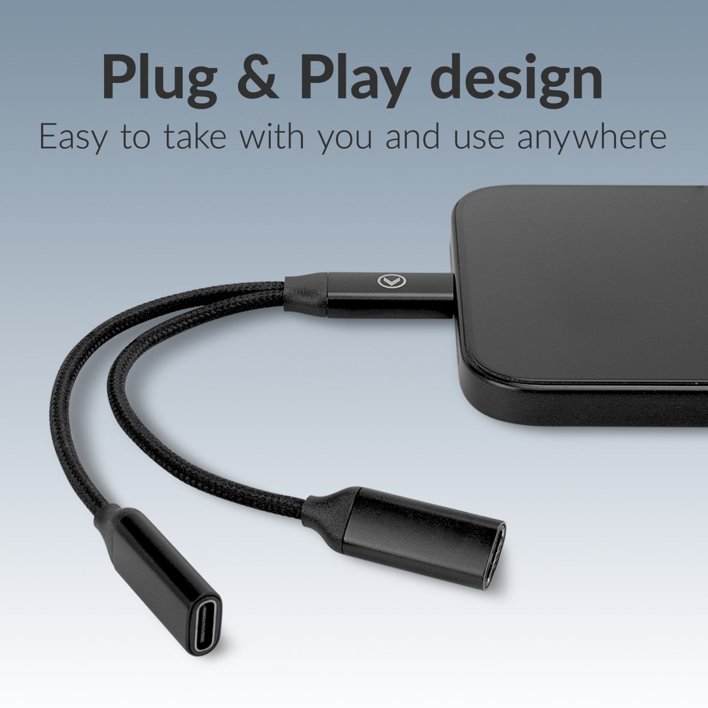Mobilize Strong Nylon USB-C Splitter for Audio and Charging 15cm Black