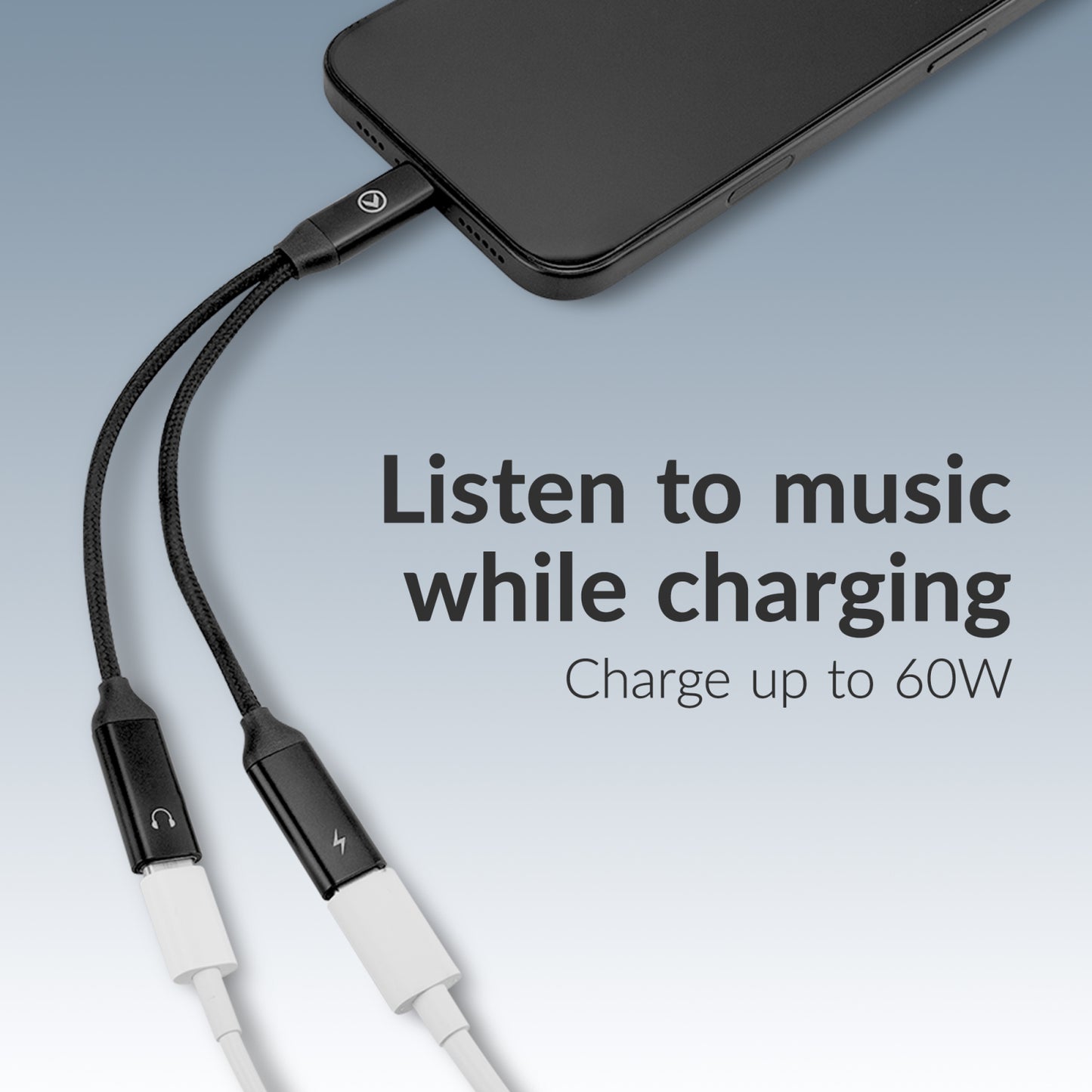 Mobilize Strong Nylon USB-C Splitter for Audio and Charging 15cm Black