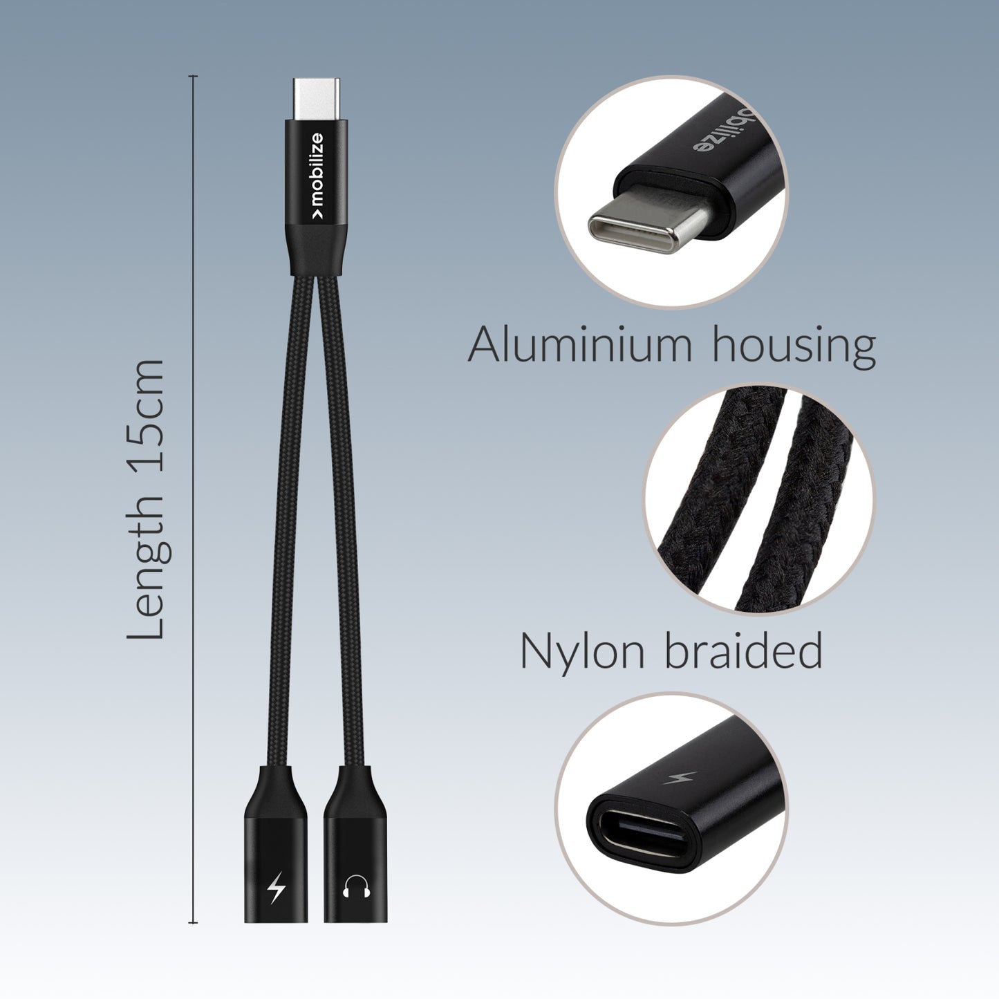 Mobilize Strong Nylon USB-C Splitter for Audio and Charging 15cm Black