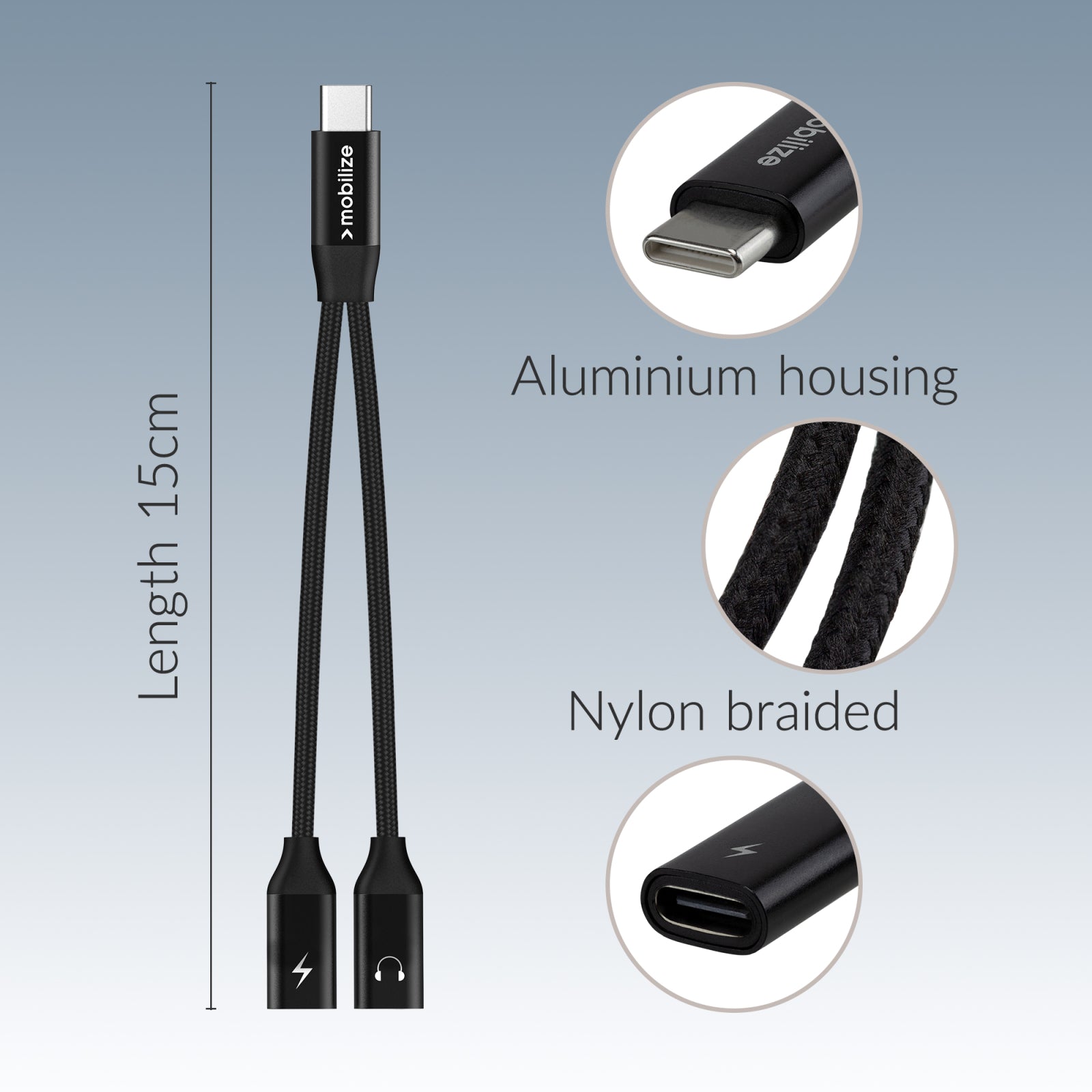 Mobilize Strong Nylon USB-C Splitter for Audio and Charging 15cm Black