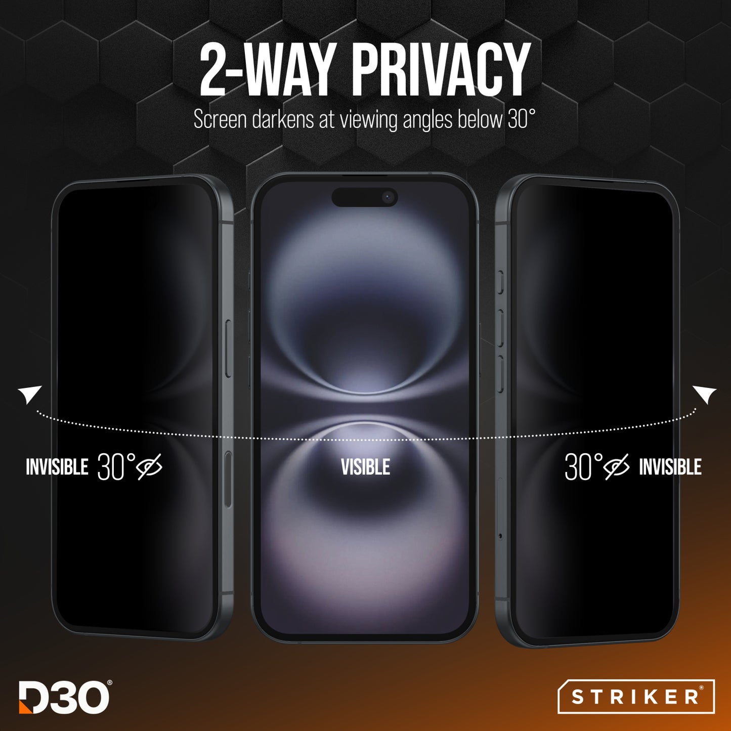 Striker D3O Xtreme Impact Privacy Glass Screen Protector - Black Frame - Apple iPhone 16 Pro