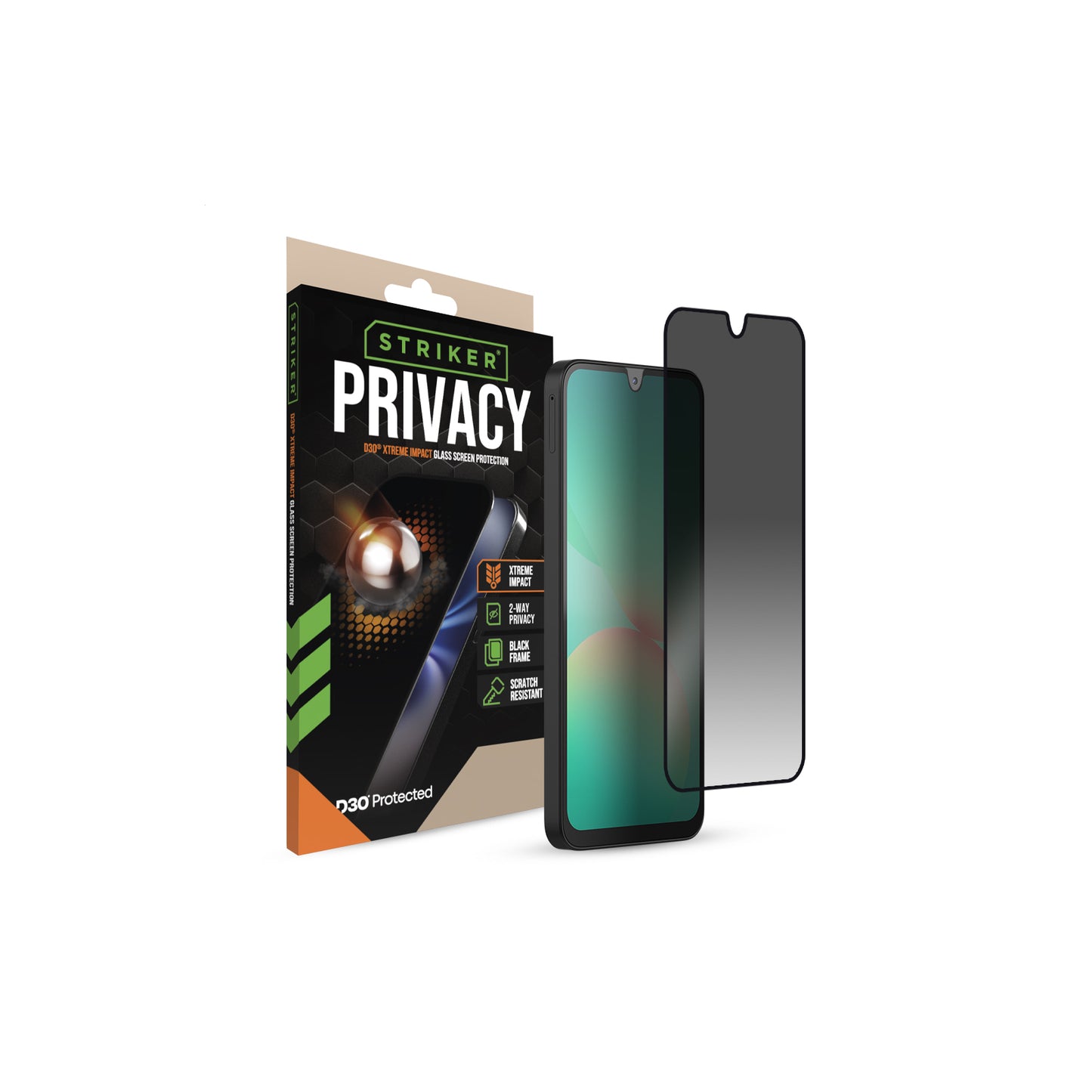 Striker D3O Xtreme Impact Privacy Glass Screen Protector - Black Frame - Samsung Galaxy A16 (4G/5G)/A17 (4G/5G)/A18 5G/A26 5G