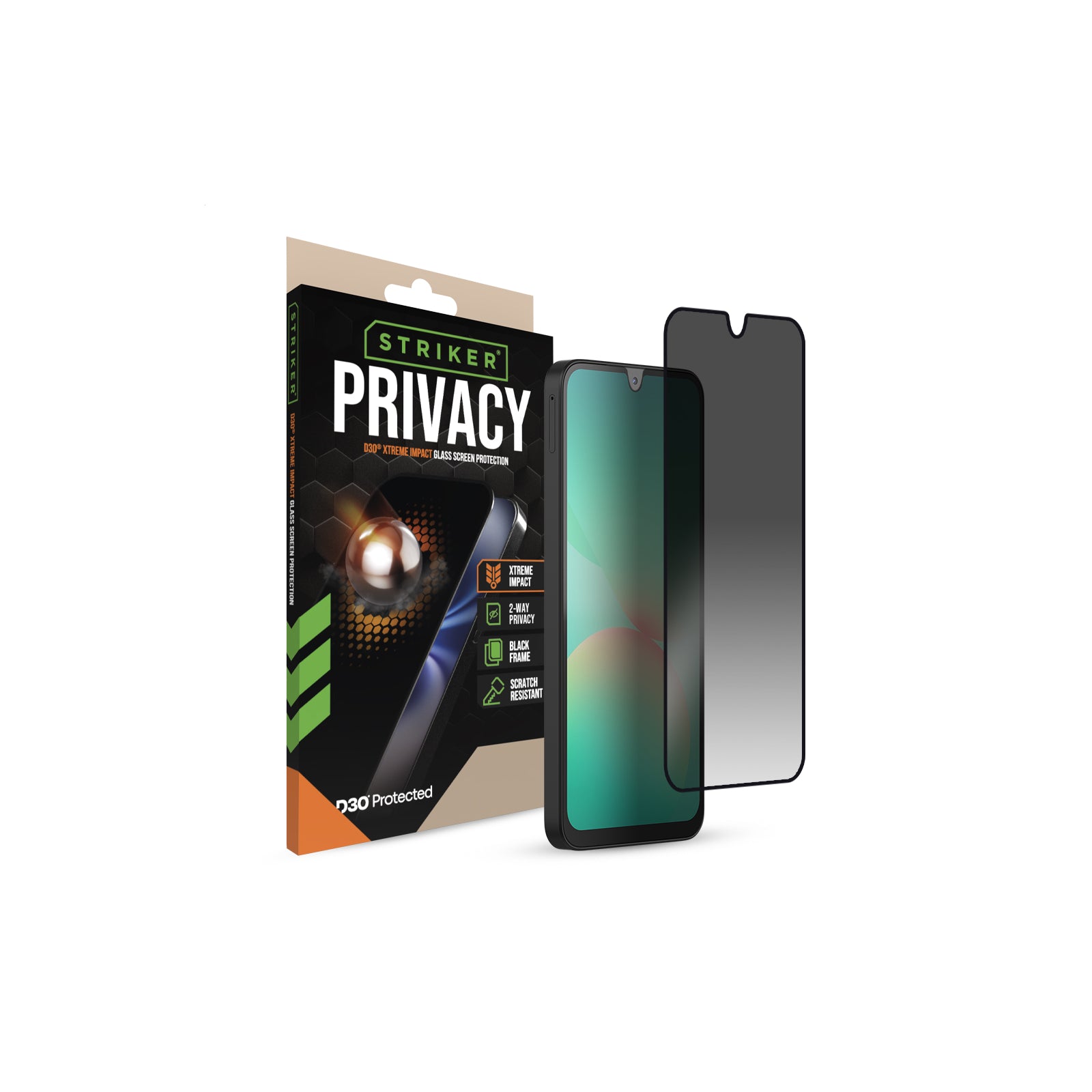 Striker D3O Xtreme Impact Privacy Glass Screen Protector - Black Frame - Samsung Galaxy A16 (4G/5G)/A17 (4G/5G)/A18 5G/A26 5G