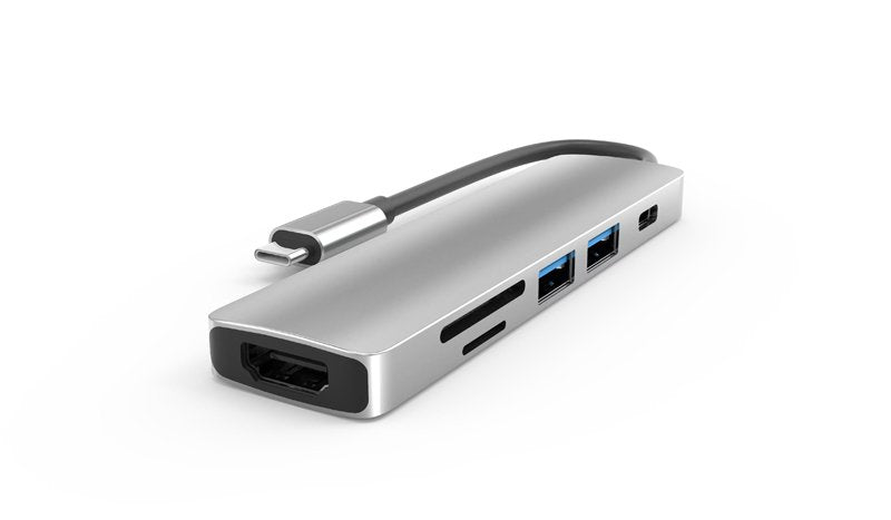 6 in 1 USB-C (male) naar 2x USB 3.0/HDMI/USB-C/Micro SD/SD Hub Docking Station