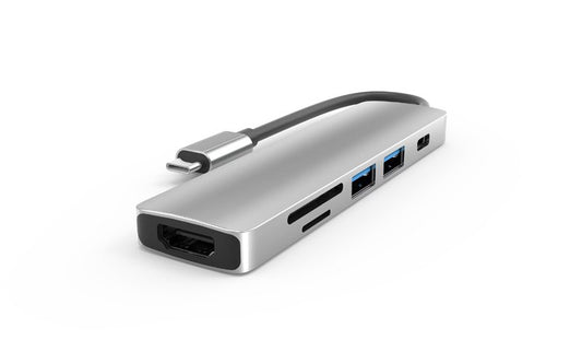 6 in 1 USB-C (male) naar 2x USB 3.0/HDMI/USB-C/Micro SD/SD Hub Docking Station