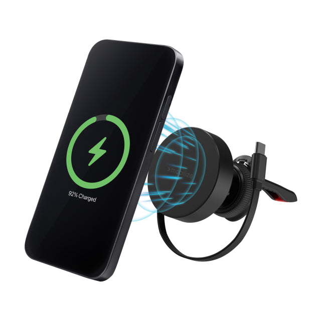 Support/Chargeur voiture Mobilize MagSafe Compatible 7.5W/10W/15W avec Câble USB-C Rétractable Noir