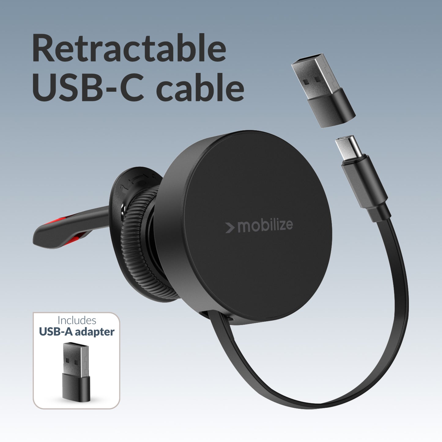 Mobilize MagSafe Compatible Car Holder/Charger 7.5W/10W/15W with Retractable USB-C Cable Black