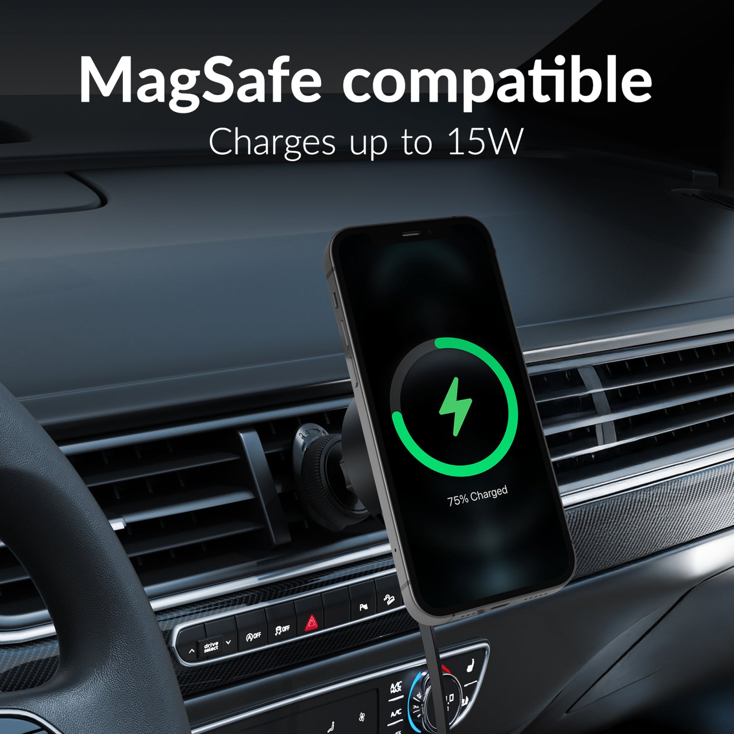 Mobilize MagSafe Compatible Car Holder/Charger 7.5W/10W/15W with Retractable USB-C Cable Black