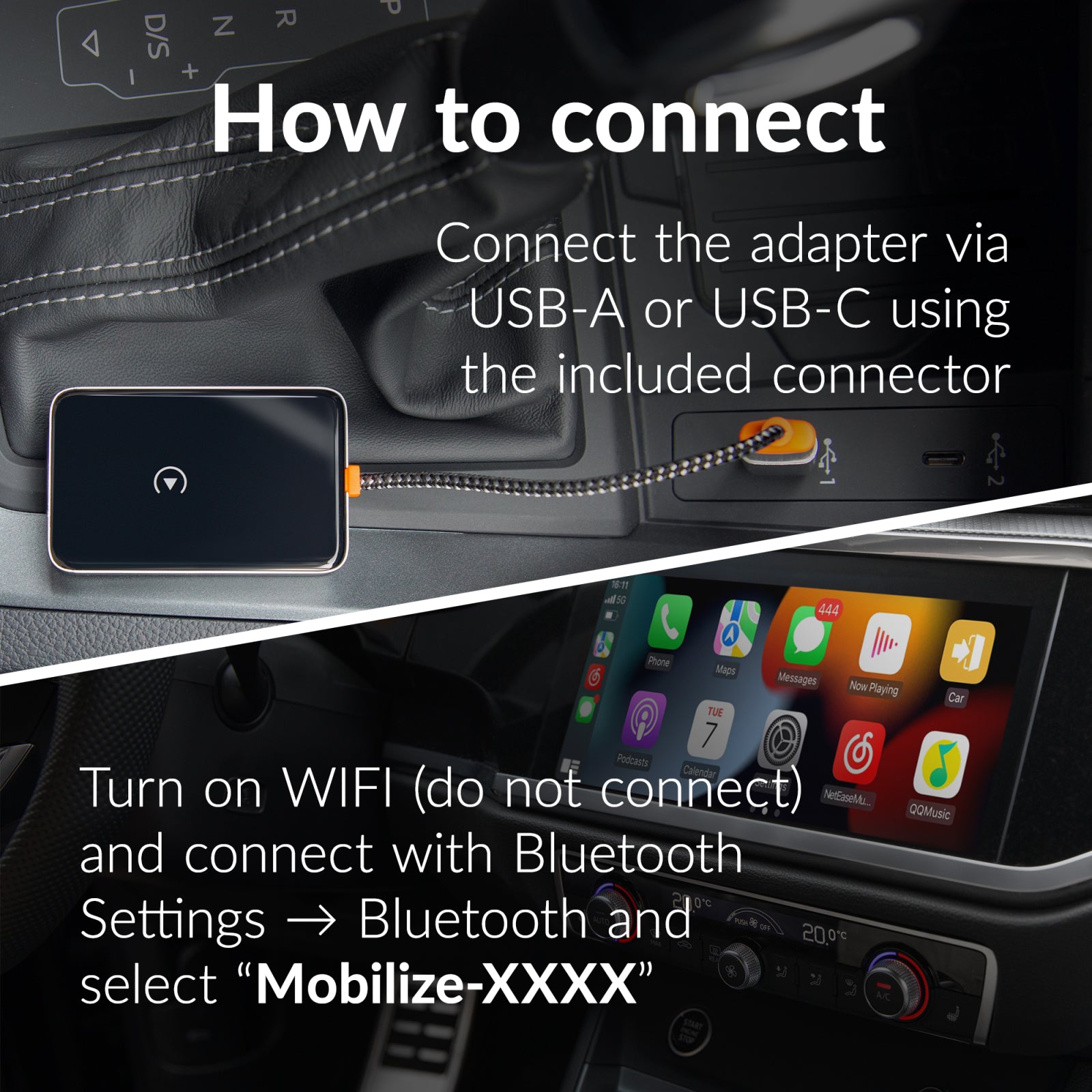 Mobilize Premium 2in1 Adapter for Wireless Apple Carplay/Android Auto Black