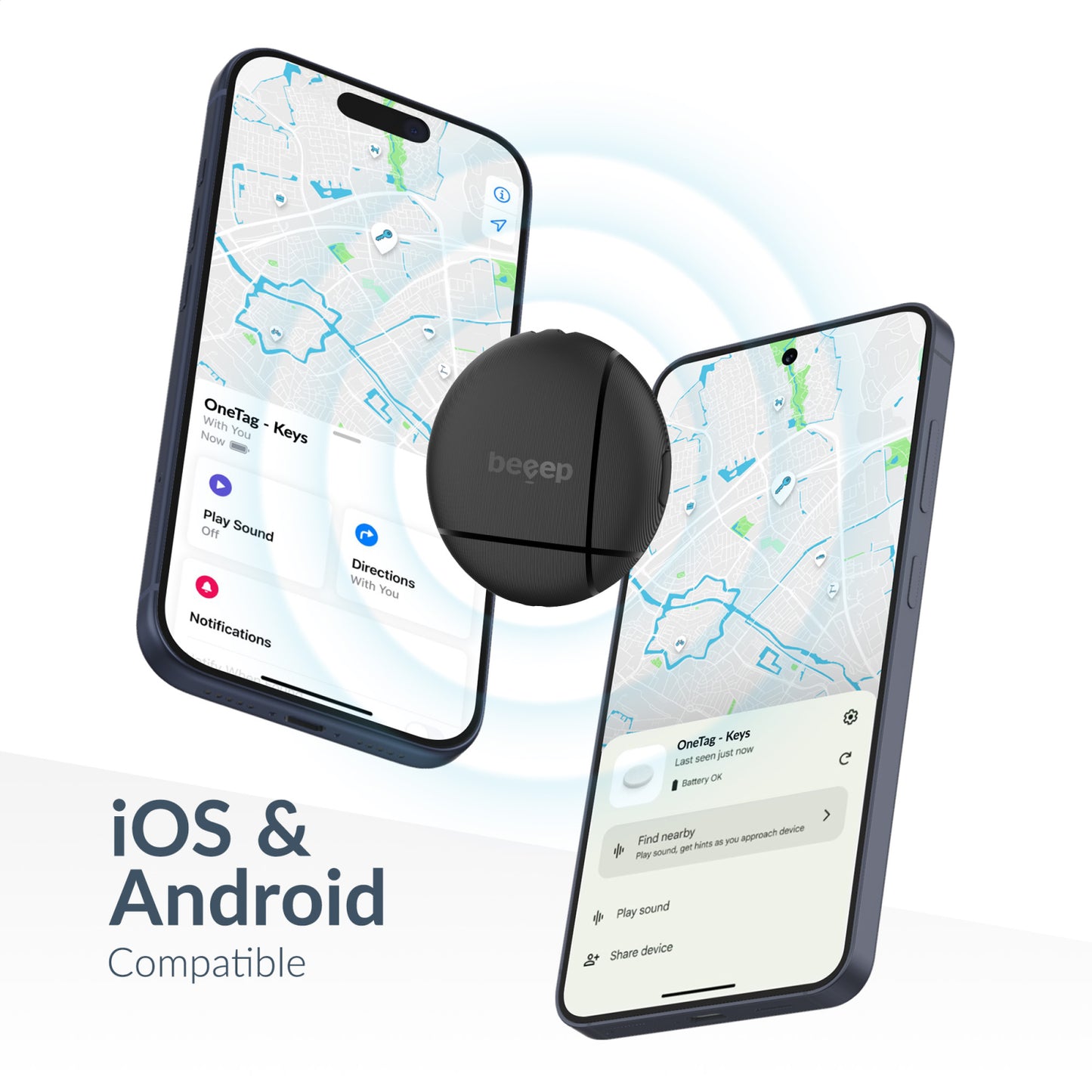 Beeep OneTag Apple Find My & Android Tracker Black & Keychain Black - 3 pack