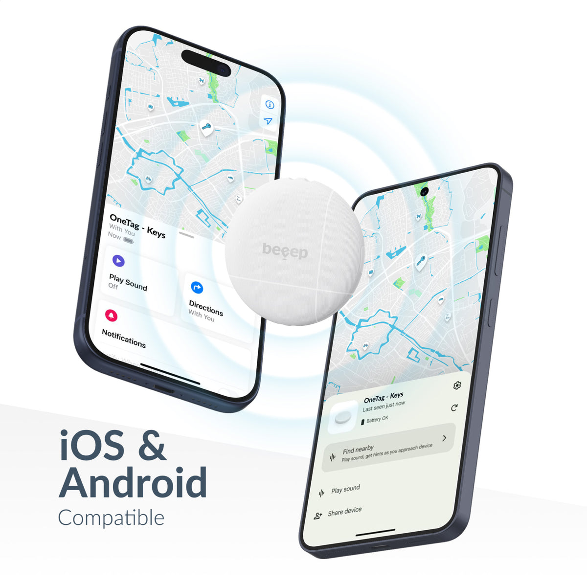 Beeep OneTag Apple Find My & Android Tracker White & Keychain White - 3 pack