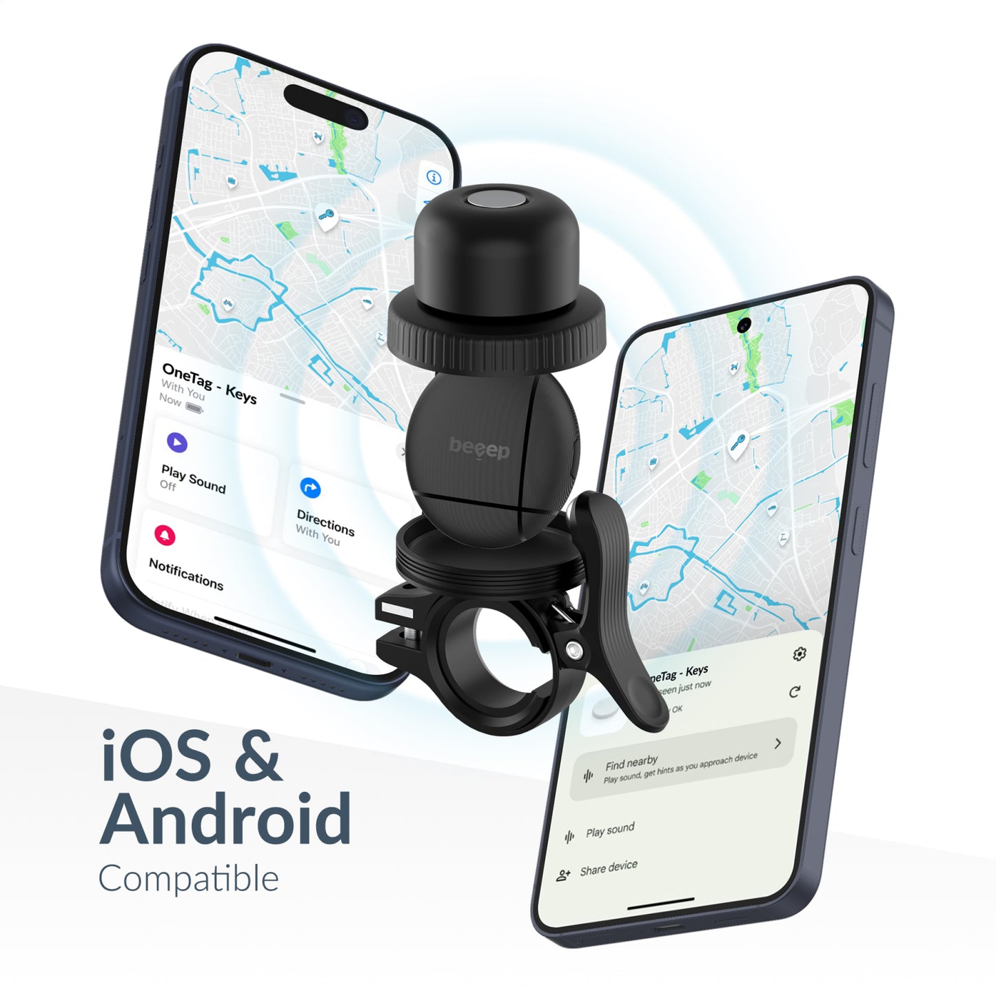 Beeep OneTag Apple Find My & Android Tracker Black & Bicycle Bell