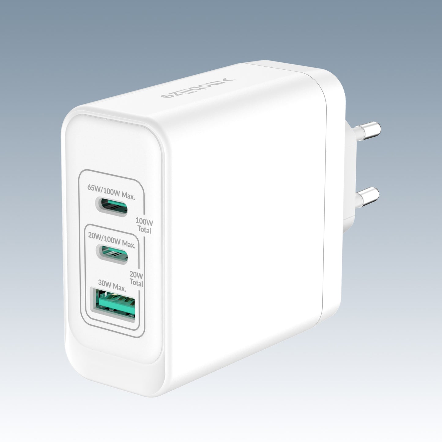 Mobilize Wall Charger 2x USB-C + 1x USB GaN 100W with PD/PPS White